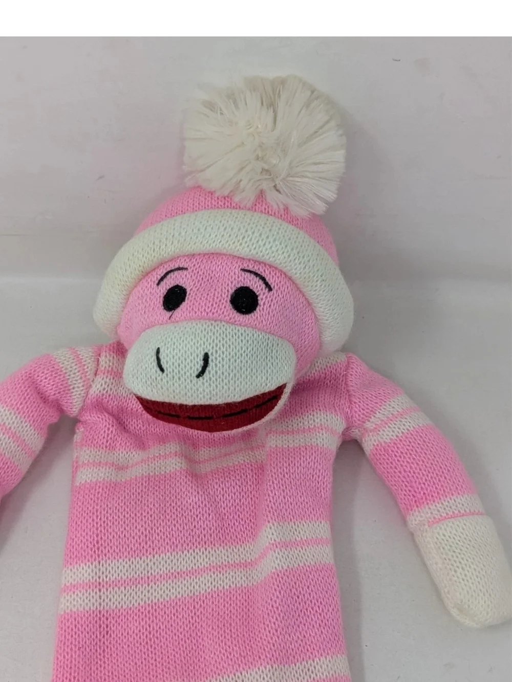 Soft Pink Striped Sock Monkey Hand Puppet - Kids Toy